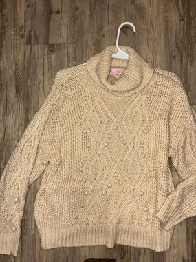 Pink Lily Cream Cable & Bobble Turtleneck Sweater